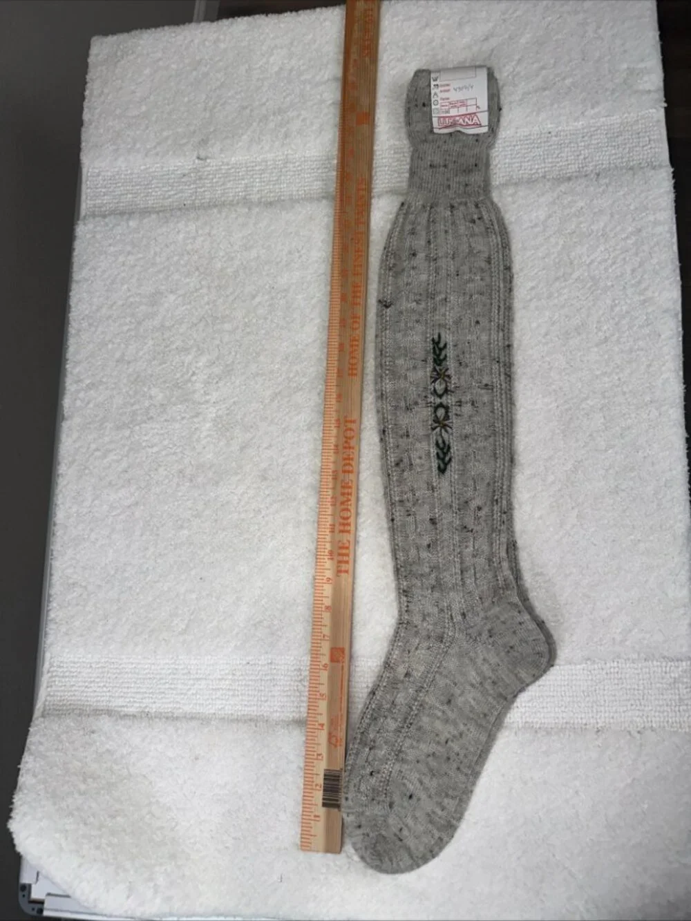 Lusana 100% Virgin Wool Knee High Socks Gray Floral Embroidered EU 41-42 NWT